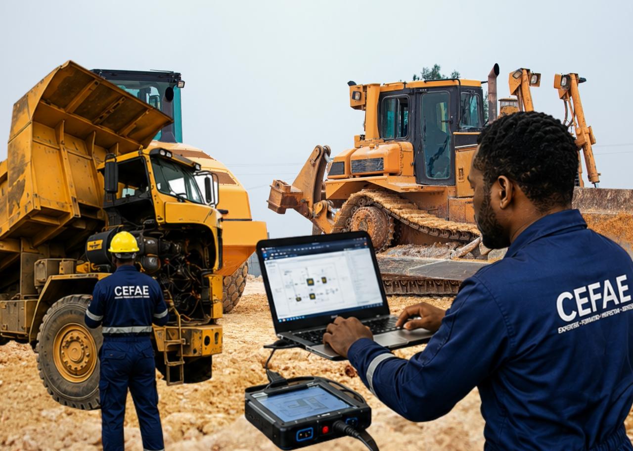 Techniciens CEFAE en diagnostic électronique sur un bulldozer, sur chantier